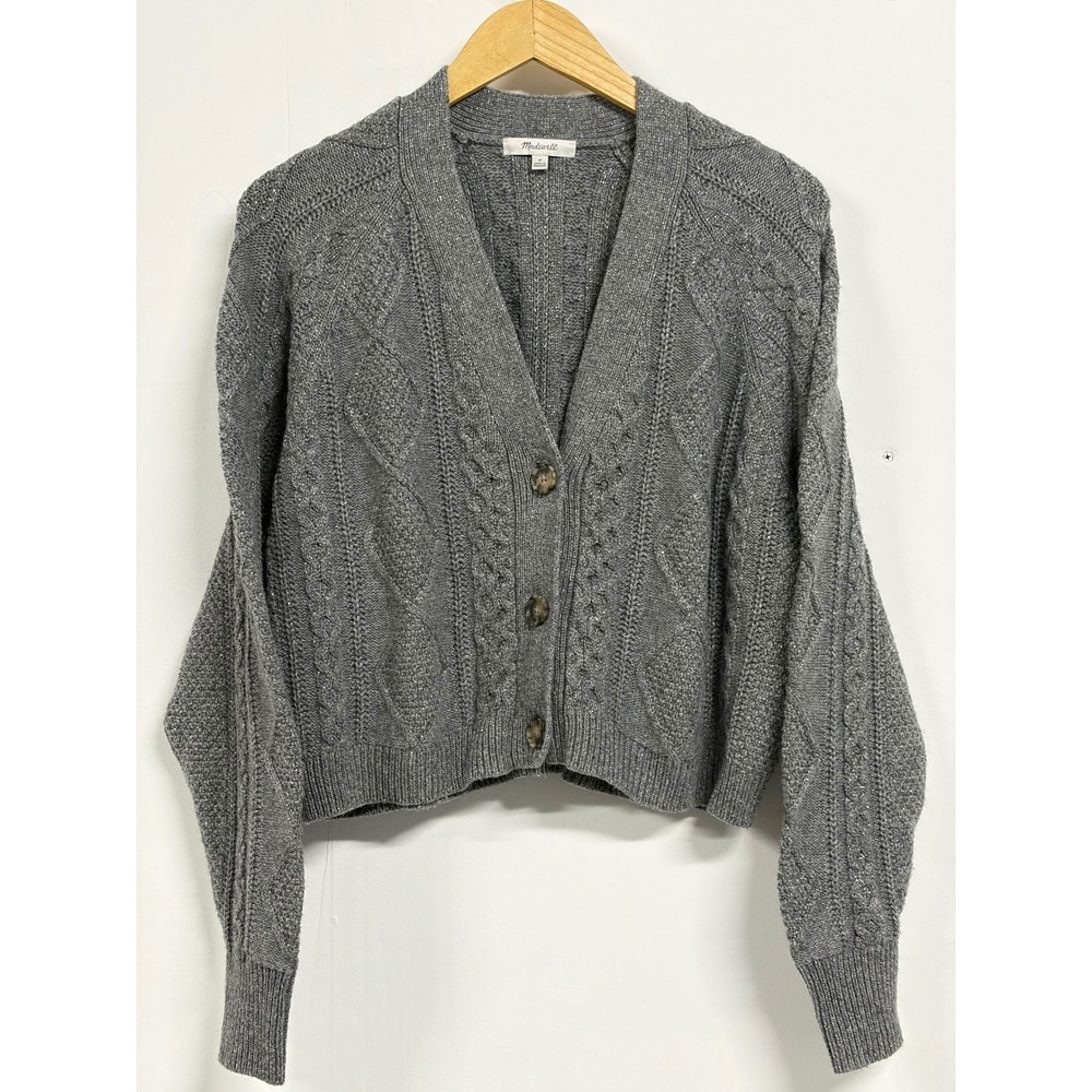 Madewell Women's M Gray Cable Knit Wool Blend Cardigan Metallic Button Sweater